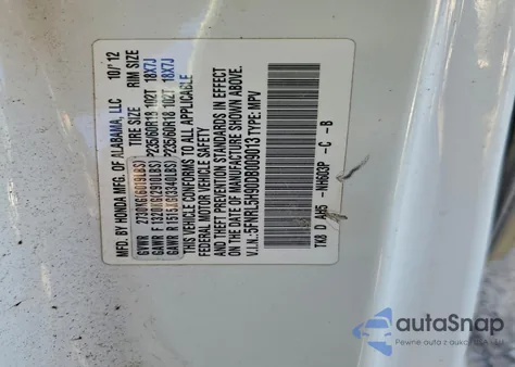 2013 Honda Odyssey Touring z USA, uszkodzony, nr VIN 5FNRL5H90DB009013